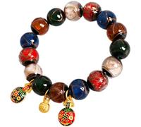 Chewtoyo Pi Xiu Mythical Beast Bracelet with Talisman Charm, Multicolor Glazed Glass Beads, Elastic Cord Style, Decorative Bead Bracelet for Men and Women, Traditional Chinese Inspired Accessory