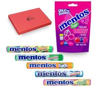 Chewy Dragees Variety Gift Box Bundle With Mentos - 5 Rolls (Fruit, Fanta, Discovery, Mint, Spearmint) And Feeling Berry Good (Sharing Bag) In Glameno Box
