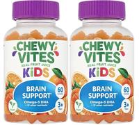 Chewy Vites Kids Brain Support, 60 Kids Vitamins Gummies, Vegan Omega 3 DHA, 13 Essential Vitamins & Minerals, 1 Months Supply, Real Fruit Juice, Age 3 +, Orange Flavour (Pack of 2)