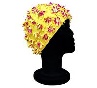 CHEX Ladies Rose Elasticated Swimming Hat Decorated Multicolour Floral Detailing Retro Style Swim Cap One Size Adults Soft And Easy Pull On (Yellow)