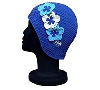 CHEX Rimini Waffle Bubble Single Colour Floral Ladies Classic Retro 3 Flower Contrast Colour Row 3D Petal Stylish Vintage Swimming Hat Swim Cap Average One Size Adults (Navy/Sky/White)