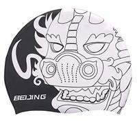 CHEX Stretchy Silicone Unisex Women Men One Piece Swimming Hat Swim Cap Beijing Lion Statue Print Design One Size Adults Easy Pull On Swim Hat (Black/White)