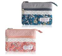 Cheynn Pack of 2 Women's Mini Purse, Small Purse, Canvas, 4-Layer Zip Pockets, Boho Style Wallet with Lace, Portable Coin Purses for Coins, Cash, Cards, Keys