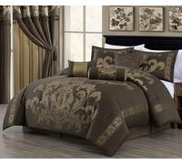 Chezmoi Collection 7-Piece Jacquard Floral Comforter Bedding Set (California King, Coffee/Gold)