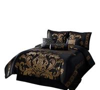 Chezmoi Collection 7-Piece Jacquard Floral Comforter Set/Bed-in-a-Bag Set, King, Black Gold