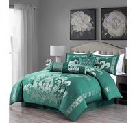 Chezmoi Collection 7-Piece Jacquard Floral Comforter Set (King, Green/Silver)