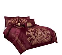 Chezmoi Collection 7-Piece Jacquard Floral Comforter Set (Queen, Polyester Blend, Maroon/Gold