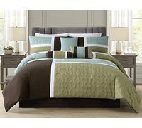 Chezmoi Collection 7-Piece Quilted Patchwork Comforter Set, Coffee Brown/Aqua Blue/Sage Green, Queen