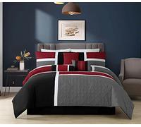 Chezmoi Collection 7-Piece Quilted Patchwork Comforter Set, Red/Gray/Black, California King, Polyester Blend