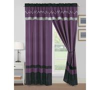 Chezmoi Collection Arden 4-Piece Modern Purple/Gray/Black Zigzag Stripe Embroidery Window Curtain Panel Set with Sheer Backing Valance Tassels, 120 inch x 84 inch