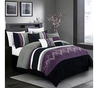 Chezmoi Collection Arden 7-Piece Modern Pleated Stripe Embroidered Zigzag Bedding Comforter Set (California King, Purple/Black/Gray/White)