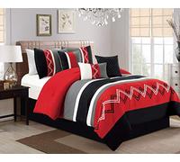Chezmoi Collection Arden 7-Piece Modern Pleated Stripe Embroidered Zigzag Bedding Comforter Set (Full, Red/Black/Gray/Off-White)