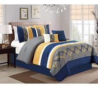 Chezmoi Collection Arden 7-Piece Modern Pleated Stripe Embroidered Zigzag Bedding Comforter Set (King, Navy/Gray/Yellow/White)
