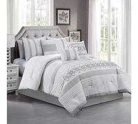 Chezmoi Collection Ariel 7-Piece Gray Geometric Chenille Embroidery Pleated Striped Comforter Bedding Set, California King Size
