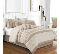 Chezmoi Collection Ariel 7-Piece Taupe Geometric Chenille Embroidery Pleated Striped Comforter Bedding Set, King Size