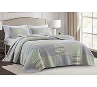 Chezmoi Collection Bellamy 3-Piece Boho Chic Patchwork Quilt Set - Green Gray White Plaid Candy Stripe Reversible Bedspread - Pre-Washed Cotton Lightweight Coverlet, King Size