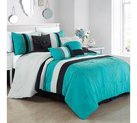 Chezmoi Collection Chloe 7-Piece Teal Blue Gray Black Geometric Medallion Embroidery Pleated Striped Bedding Comforter Set, Queen