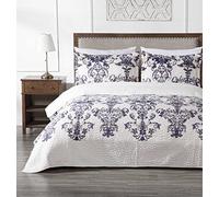 Chezmoi Collection Chloris 3-Piece Printed Floral Medallion Quilt Set - Pre-Washed Microfiber Navy Blue Taupe Light Ivory Coverlet Bedspread, Queen Size