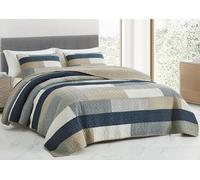 Chezmoi Collection Dylan 3-Piece Navy Blue White Gray Taupe Plaid Rectangular Patchwork Quilt Set - Pre-Washed Cotton Quilted Coverlet - Lightweight Bedspread for All Seasons, King Size