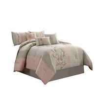 Chezmoi Collection Linnea 7-Piece Luxury Blush Taupe Cherry Blossom Floral Embroidery Comforter Set, Queen