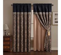 Chezmoi Collection Lisbon 4-Piece Jacquard Floral Window Curtain Set Sheer Backing Tassels Valance, Black/Gold