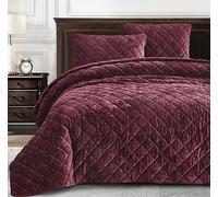 Chezmoi Collection Lux Burgundy Velvet Quilt Queen Set, 3-Piece Lush Plush Distressed Velvet Bedding All Season Lightweight Comforter Brushed Microfiber Reverse with Diamond Stitch Quilting
