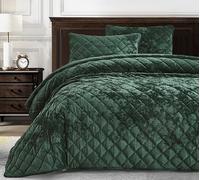 Chezmoi Collection Lux Forest Green Velvet Quilt Oversized King Set, 3-Piece Plush Distressed Velvet Bedding All Season Lightweight Comforter Brushed Microfiber Reverse with Diamond Stitch Quilting