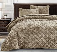 Chezmoi Collection Lux Tan Velvet Quilt King Set, 3-Piece Plush Distressed Velvet Bedding All Season Lightweight Comforter Brushed Microfiber Reverse with Diamond Stitch Quilting
