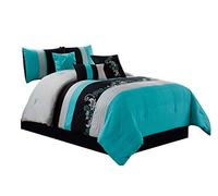 Chezmoi Collection Napa 7-Piece Luxury Leaves Scroll Embroidery Bedding Comforter Set (King, Teal Blue/Gray/Black)