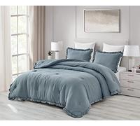 Chezmoi Collection Nora 3-Piece Ruffled Edge Trim Soft Washed Microfiber Comforter Set (King, Dusty Blue)