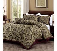 Chezmoi Collection Pierre Comforter Set King Size, 7-Piece Burgundy Black Gold Medallion Paisley Jacquard Bedding Set