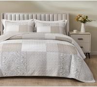 Chezmoi Collection Quinn 3-Piece Neutral Taupe Gray White Floral Hibiscus Flower Candy Stripe Patchwork Quilt Set - Pre-Washed Cotton Coverlet - Lightweight Reversible Bedspread, Queen Size