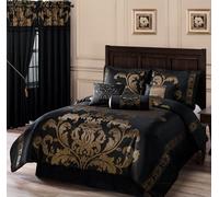 Chezmoi Collection Royale 7-Piece Jacquard Floral Comforter Bedding Set, Oversized Queen, Black/Gold
