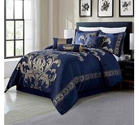 Chezmoi Collection Royale 7-Piece Jacquard Floral Comforter Set, Oversized Queen, Navy/Gold