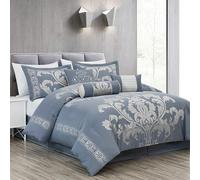 Chezmoi Collection Royale 7-Piece Jacquard Floral Comforter Set, Queen, Grayish Blue/Gray