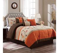 Chezmoi Collection Serene 7-Piece Luxury Autumn Floral Embroidery Comforter Set, King, Orange/Brown/Taupe