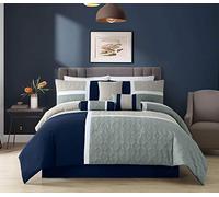 Chezmoi Collection Upland 7-Piece Quilted Patchwork Comforter Bedding Set, Navy/Blue/Gray, King