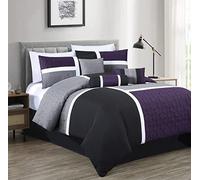 Chezmoi Collection Upland 7-Piece Quilted Patchwork Comforter Bedding Set, Purple/Black/Gray, California King
