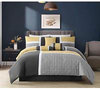 Chezmoi Collection Upland 7-Piece Quilted Patchwork Comforter Bedding Set, Yellow/Charcoal/Gray, Full