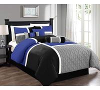 Chezmoi Collection Upland 7-Piece Quilted Patchwork Comforter Set, Blue/Black/Gray, Queen