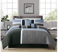 Chezmoi Collection Upland 7-Piece Quilted Patchwork Comforter Set, Gray/Light Blue/Charcoal, Queen