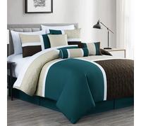 Chezmoi Collection Upland 7-Piece Quilted Patchwork Comforter Set, Teal/Beige/Brown, King