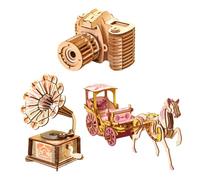 CHFYIJYHM 3D Colored Wooden Puzzles Model Kits for Adults Phonograph Mechanical Music Box Model Wooden Camera Carriage Puzzle Toy