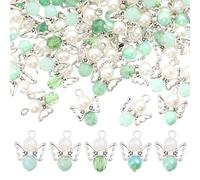 CHGCRAFT 100PCS Green Angel Wing Charms Angel Pendant Beads Acrylic Alloy Pendant with Iron Findings Round Antique Silver Platinum Decorations for DIY Jewelry Making Necklace Keychain Crafts