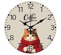 CHGCRAFT 12 Inch Cat Holding Coffee Anthropomorphic Round Wall Clock Battery Operated Silent Non Ticking, for Bedroom Living Room Kitchen Office Home Decor