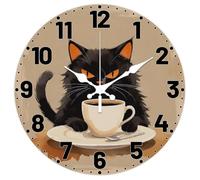CHGCRAFT 12 Inch Coffee Black Cat Pattern Round Wall Clock Battery Operated Silent Non Ticking, for Bedroom Living Room Kitchen Office Home Decor