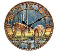 CHGCRAFT 12 Inch Forest Deer Stream Pattern Round Wall Clock Battery Operated Silent Non Ticking, for Bedroom Living Room Kitchen Office Home Decor