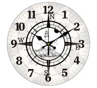CHGCRAFT 12 Inch Lighthouse by the Sea Compass Pattern Round Wall Clock Silent Non Ticking, for Office Home Kitchen Living Room Bedroom Bathroom Decor