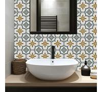 CHGCRAFT 12 Pcs Green Yellow Simple Flowers Tile Sticker Geometric Pattern Peel and Stick Wall Tile Stickers Waterproof Self Adhesive Stick on Tile Decals for Kitchen Bathroom Wall Art Decor, 8×8 Inch