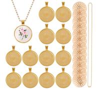 CHGCRAFT 12 Set Embroidery Pendants Tray Set Alloy Embroidery Pendant Kit Round Bezel Pendant Trays Blank Frame with Chain for DIY Jewelry Making Crafts Projects